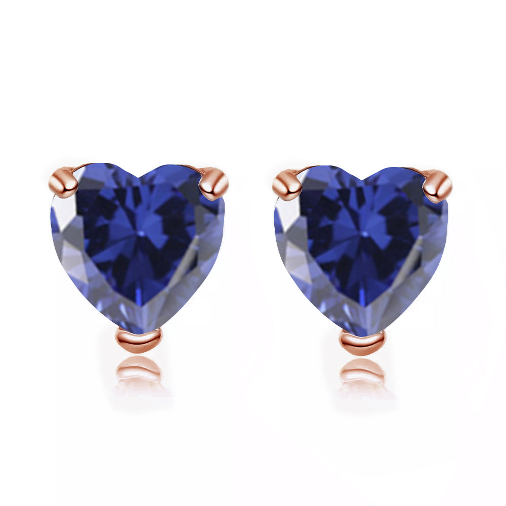 14k Rose Gold Plated 1 Carat Heart Created Blue Sapphire Stud Earrings