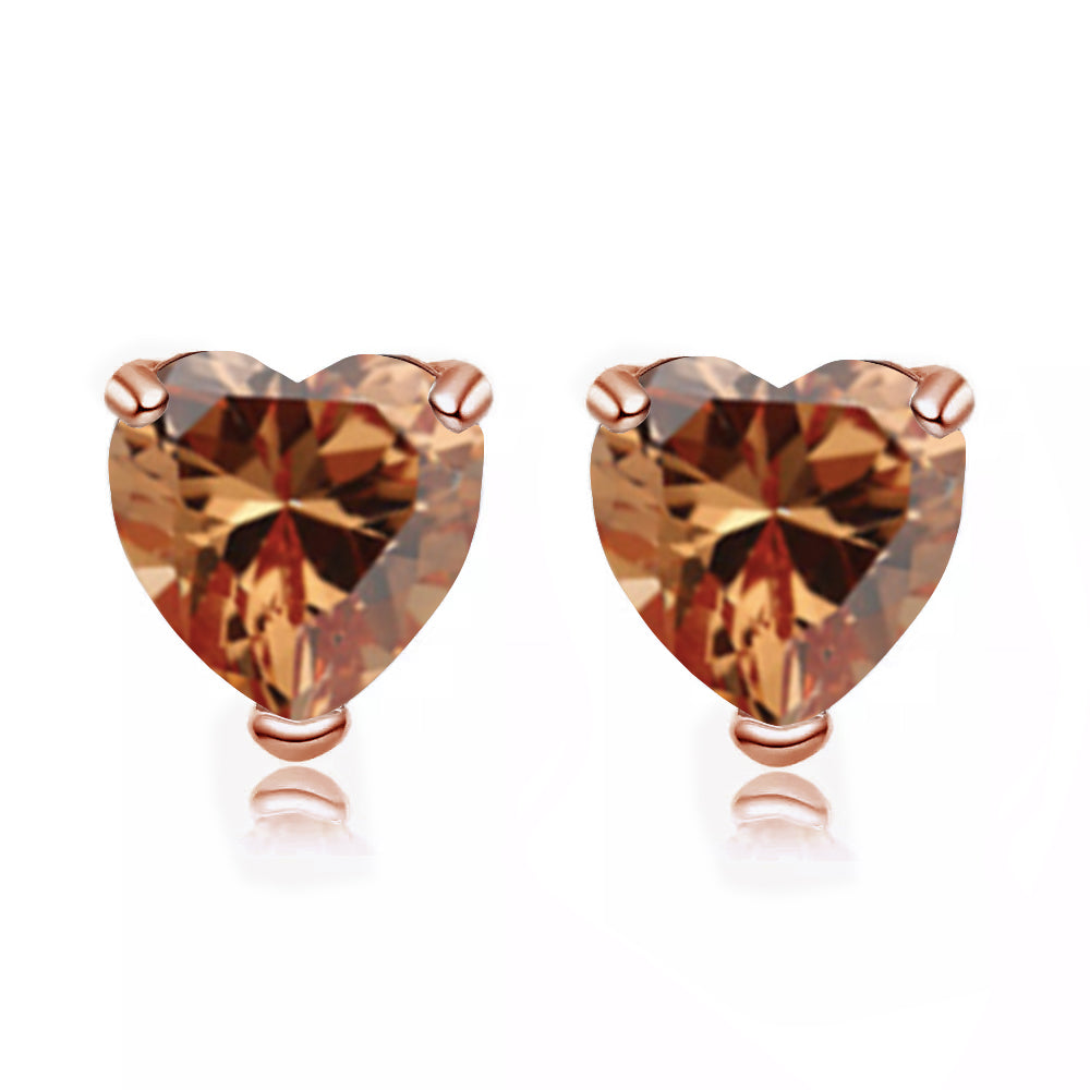 24k Rose Gold Plated 3 Carat Heart Created Citrine Sapphire Stud Earrings
