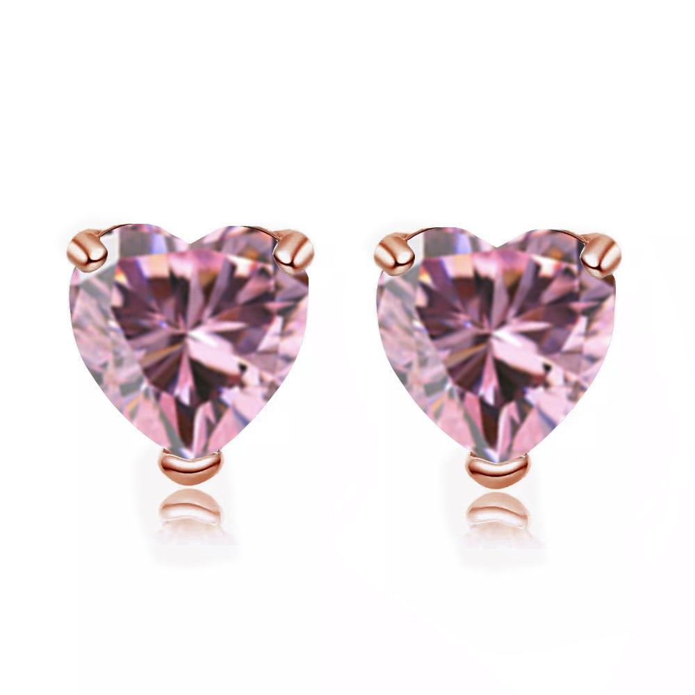 24k Rose Gold Plated 4 Carat Heart Created Pink Sapphire Stud Earrings