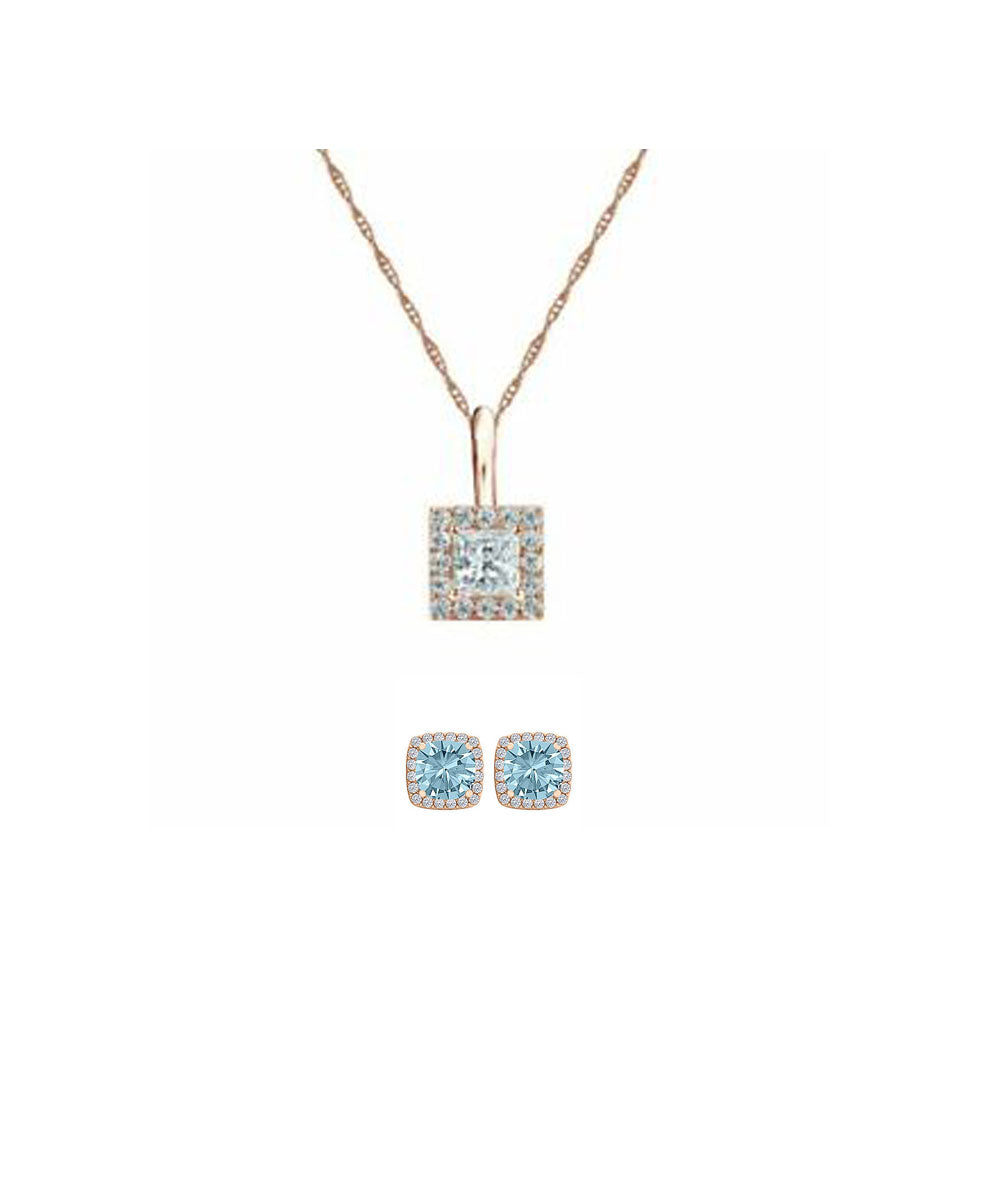 18K Yellow Gold 1/2ct Halo Aquamarine Square 18 Inch Necklace and Halo Earrings Set Plated