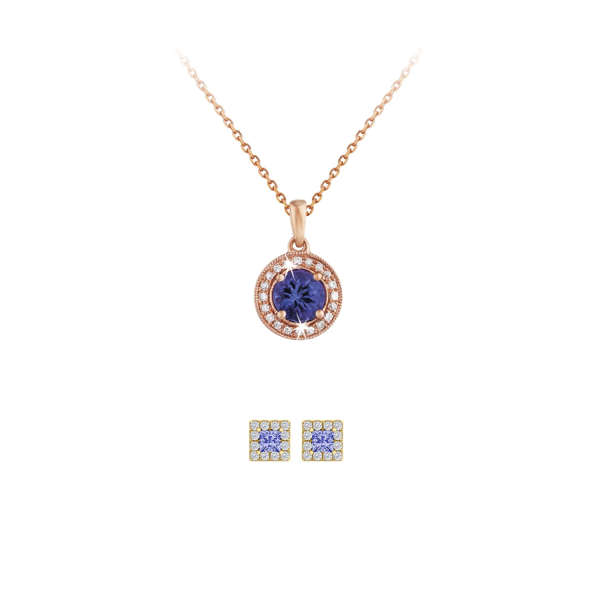 18K Rose Gold 2ct Halo Tanzanite Round 18 Inch Necklace and Halo Square Earrings Set Plated