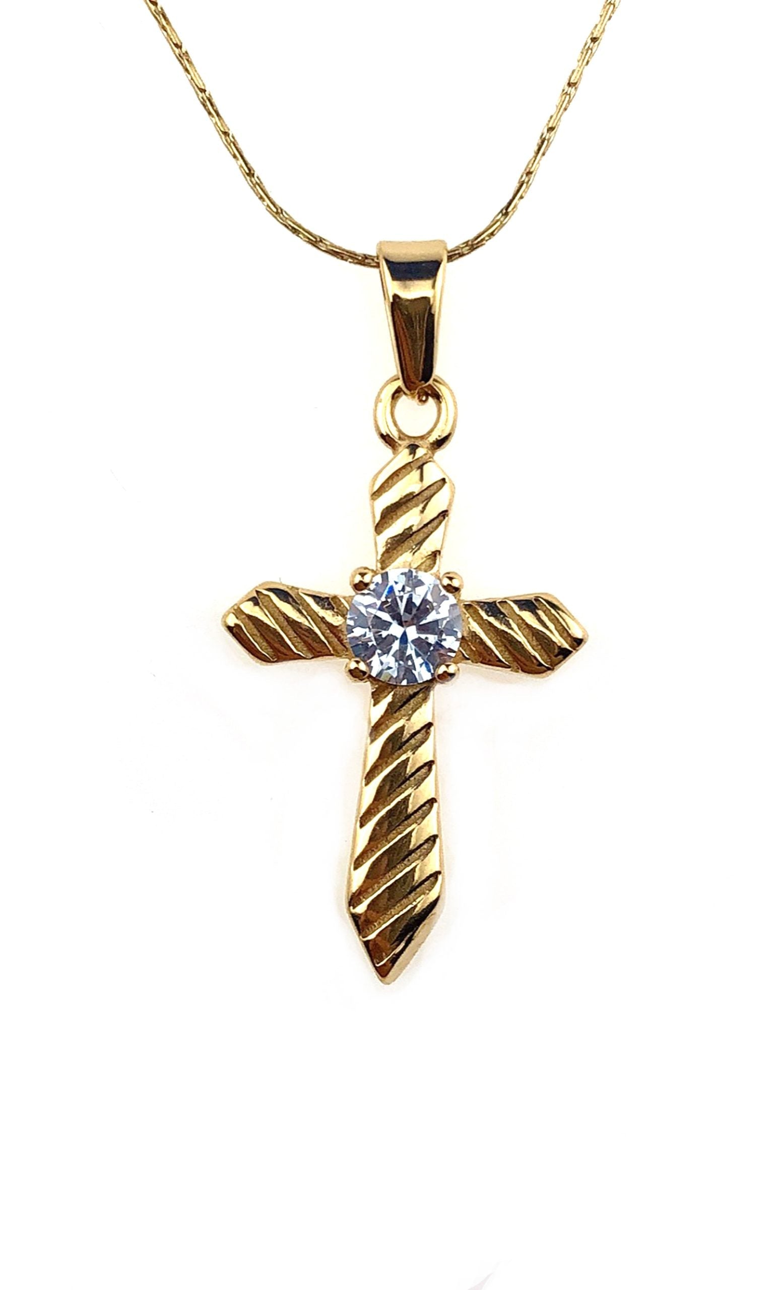 18K Yellow Gold 1 ct Created Diamond Cross Stud Necklace Plated 18 inch