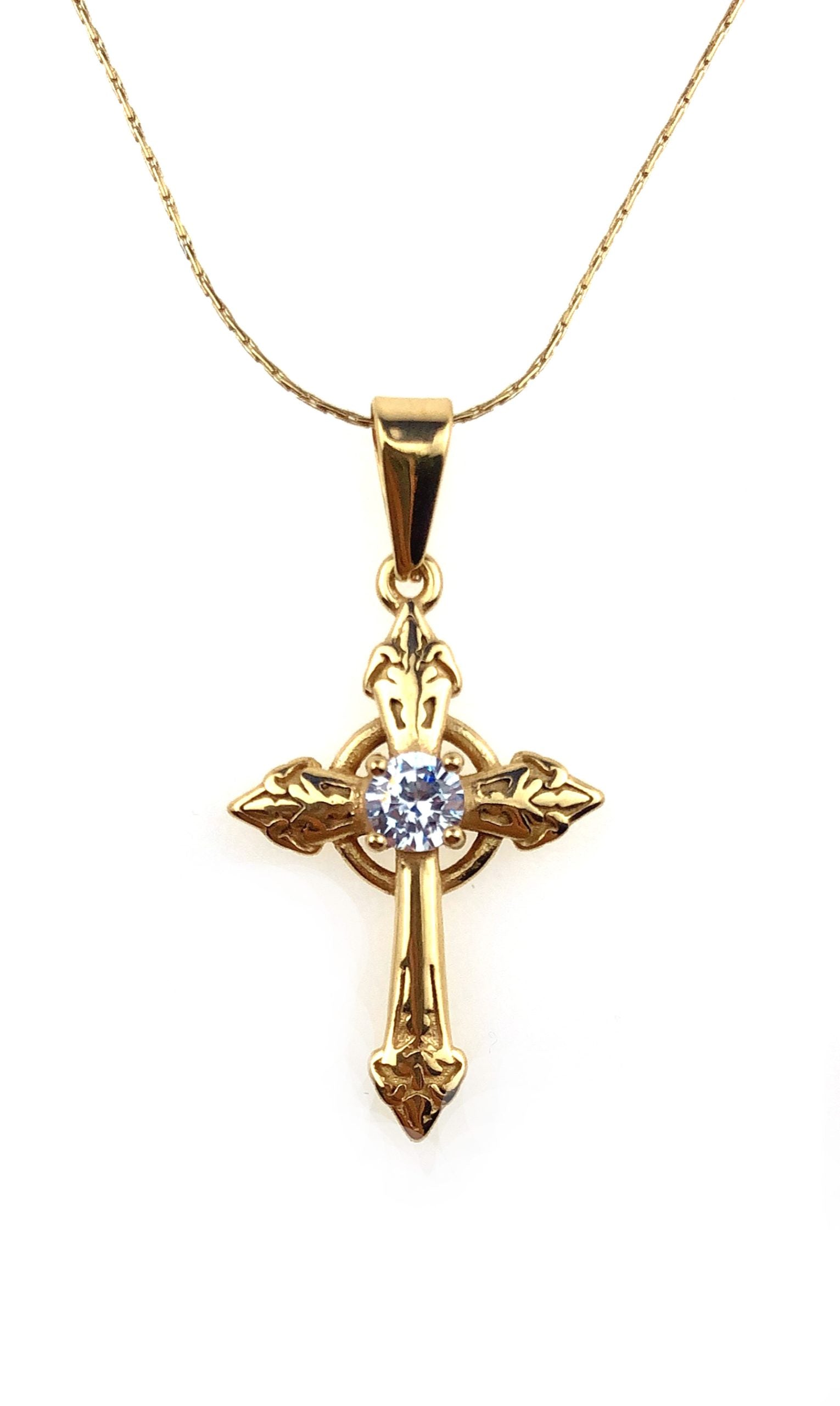 18K Yellow Gold 3 ct Created Diamond Cross Stud Necklace Plated 18 inch