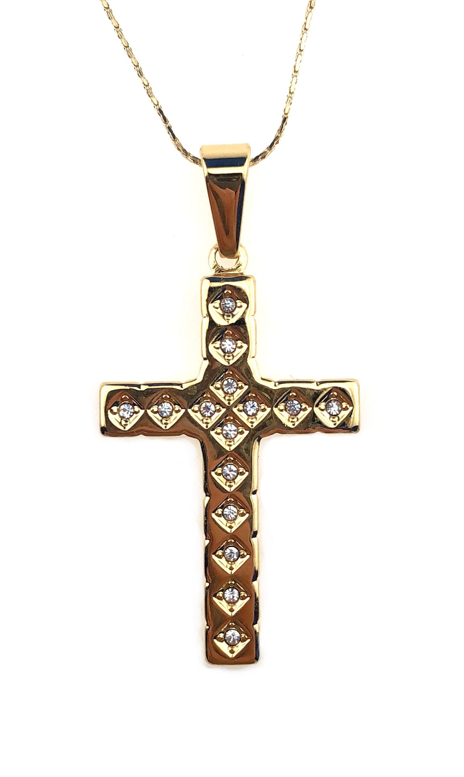 24K Yellow Gold 1 ct Created Diamond Cross Stud Necklace Plated 18 inch