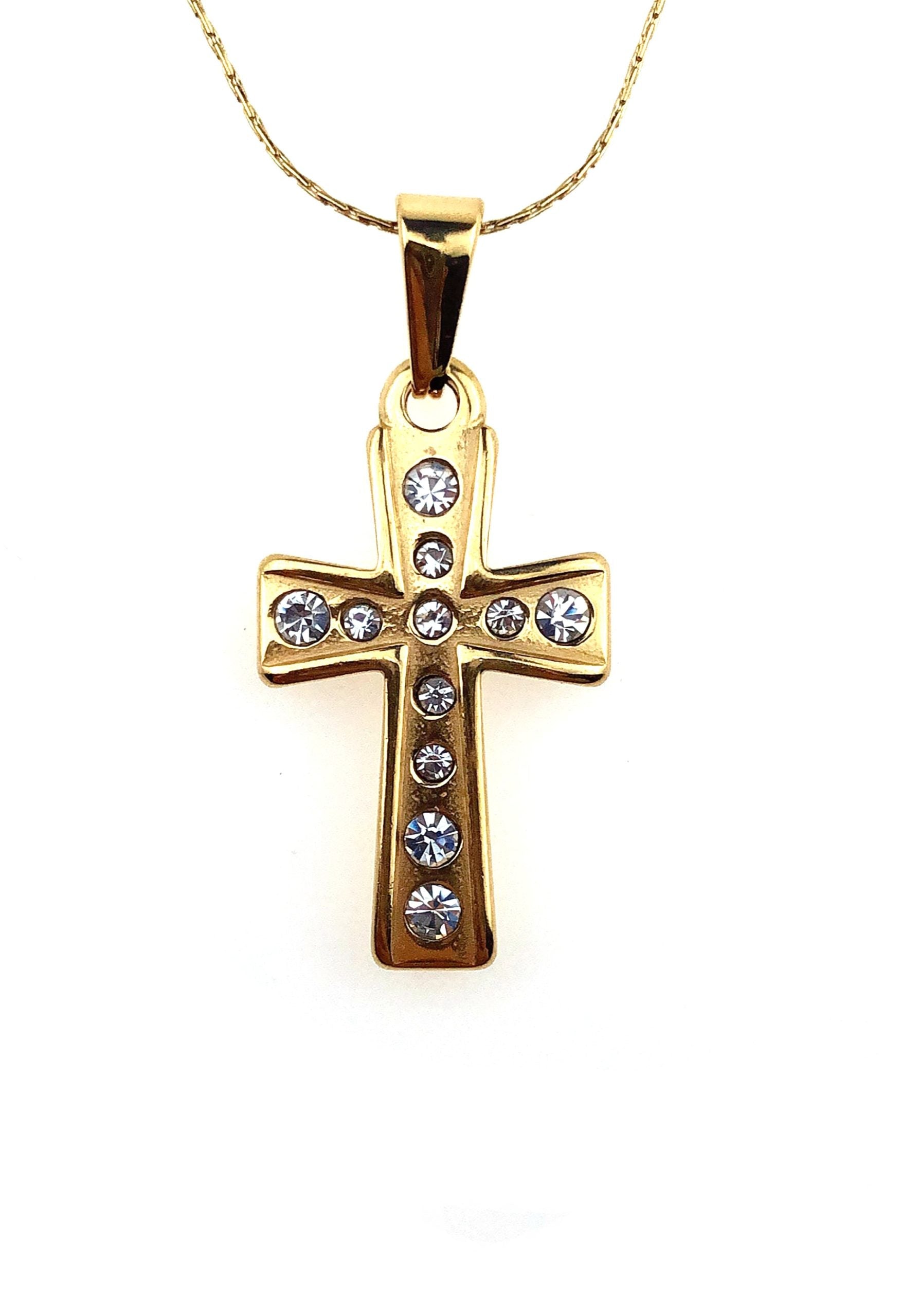 24K Yellow Gold 1 ct Created Diamond Cross Stud Necklace Plated 18 inch