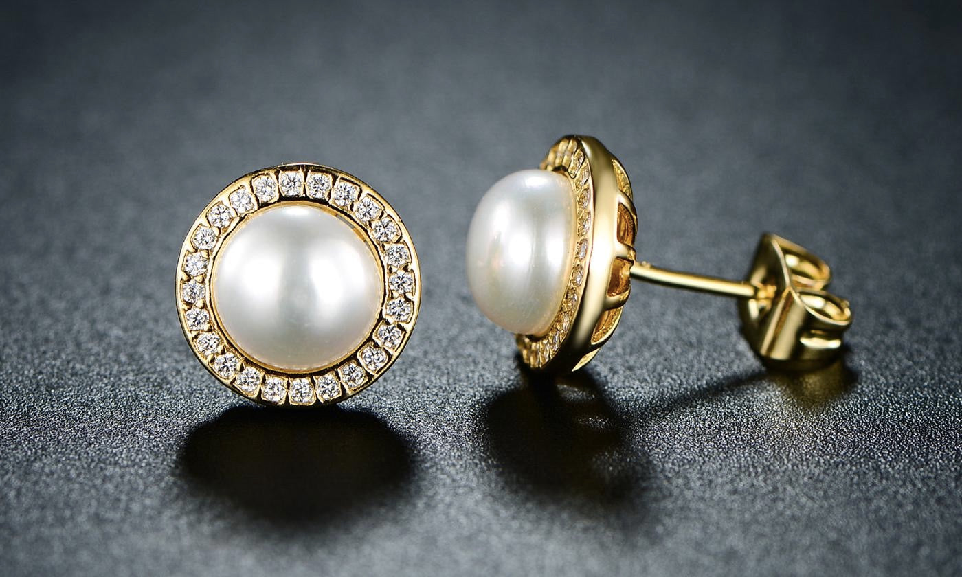 24K Yellow Gold Plated White Freshwater Pearl Halo Round 1/2 CT Stud Earrings