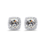 18k White Gold Plated 1 Ct Created Halo Princess CZ Cut White Sapphire Stud Earrings