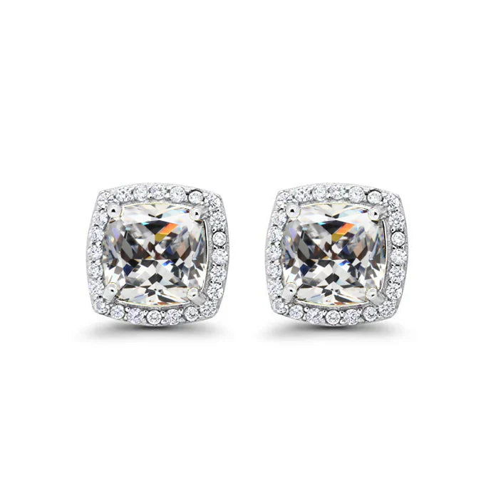 DiamondX 18k White Gold 1 Carat Created Halo Princess Sapphire Birthstone Stud Earrings All Colors Plated