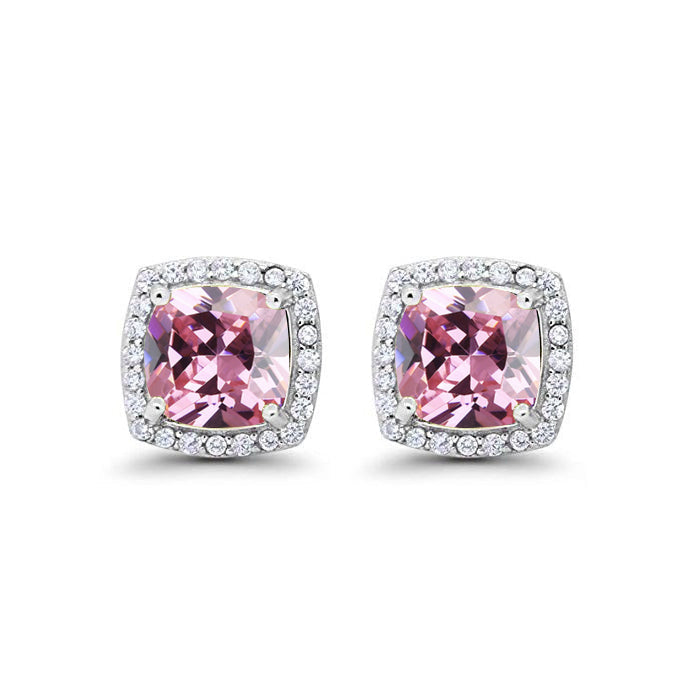 18k White Gold Plated 1 Ct Created Halo Princess Cut Pink Sapphire Stud Earrings