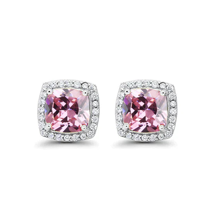 DiamondX 18k White Gold 1 Carat Created Halo Princess Sapphire Birthstone Stud Earrings All Colors Plated