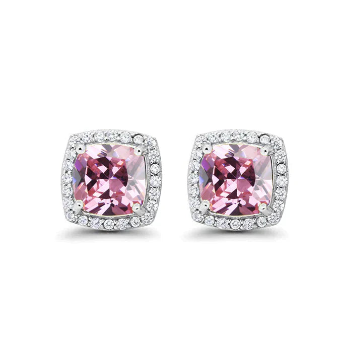 DiamondX 18k White Gold 1 Carat Created Halo Princess Sapphire Birthstone Stud Earrings All Colors Plated