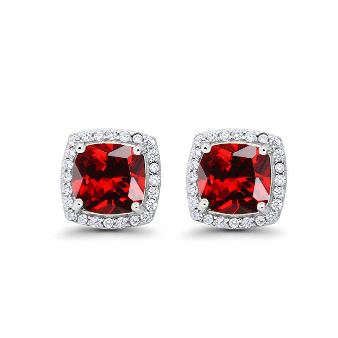 18k White Gold Plated 2 Ct Created Halo Princess Cut Garnet Stud Earrings