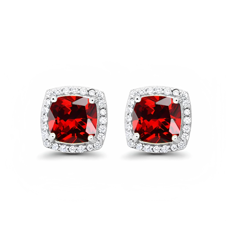 24k White Gold Plated 3 Ct Created Halo Princess Cut Garnet Stud Earrings