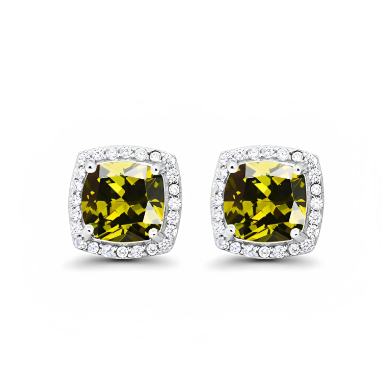 24k White Gold Plated 1/2 Ct Created Halo Princess Cut Peridot Stud Earrings