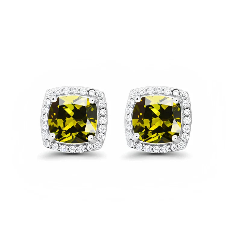 DiamondX 18k White Gold 1 Carat Created Halo Princess Sapphire Birthstone Stud Earrings All Colors Plated