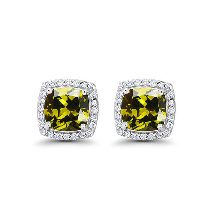 14k White Gold Plated 1/2 Ct Created Halo Princess Cut Peridot Stud Earrings