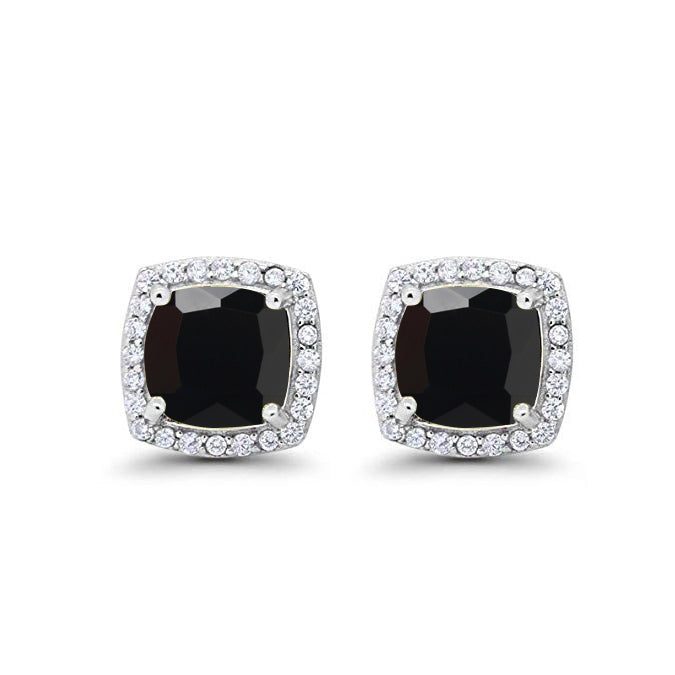 18k White Gold Plated 2 Ct Created Halo Princess Cut Black Sapphire Stud Earrings