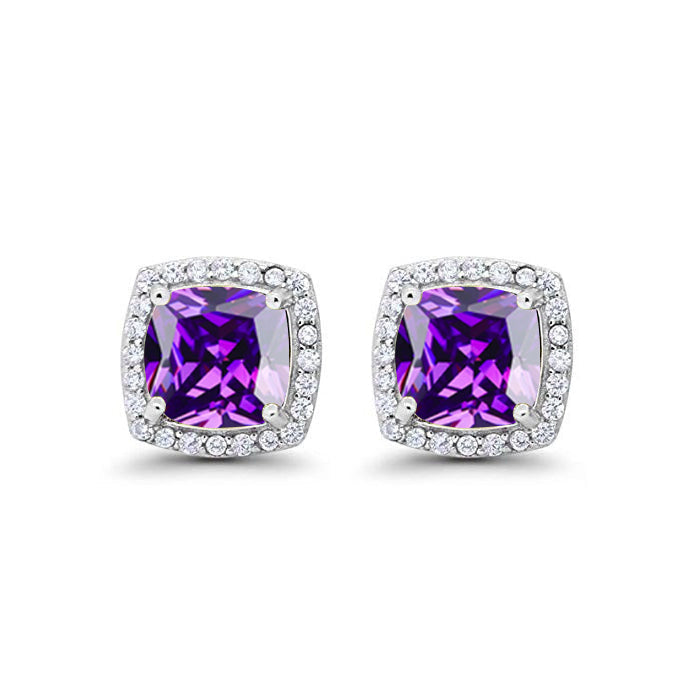 18k White Gold Plated 2 Ct Created Halo Princess Cut CZ Amethyst Stud Earrings