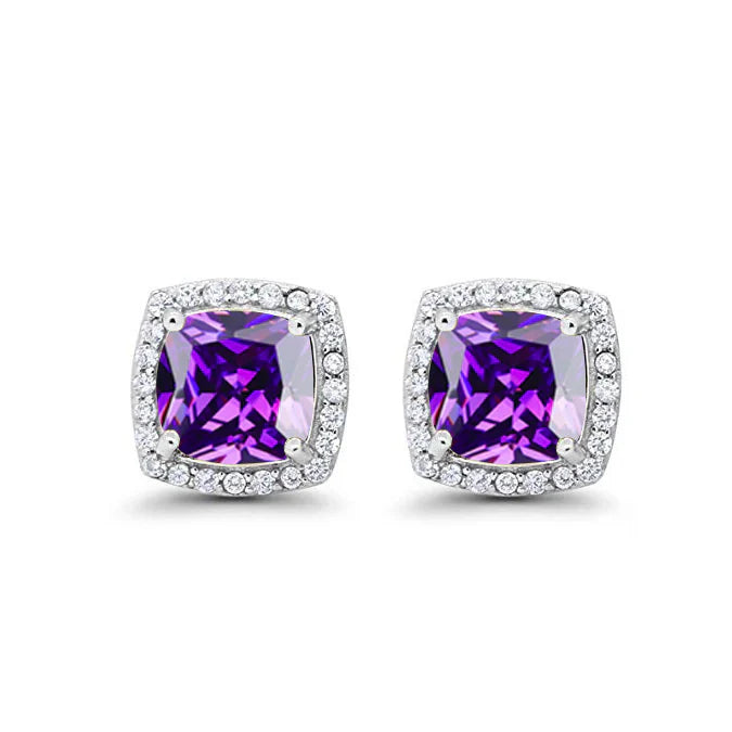 DiamondX 18k White Gold 1 Carat Created Halo Princess Sapphire Birthstone Stud Earrings All Colors Plated