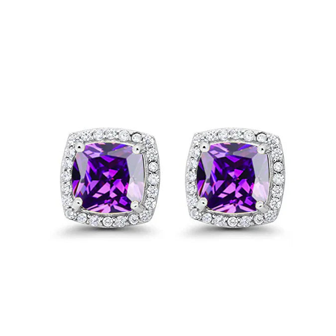 DiamondX 18k White Gold 1 Carat Created Halo Princess Sapphire Birthstone Stud Earrings All Colors Plated