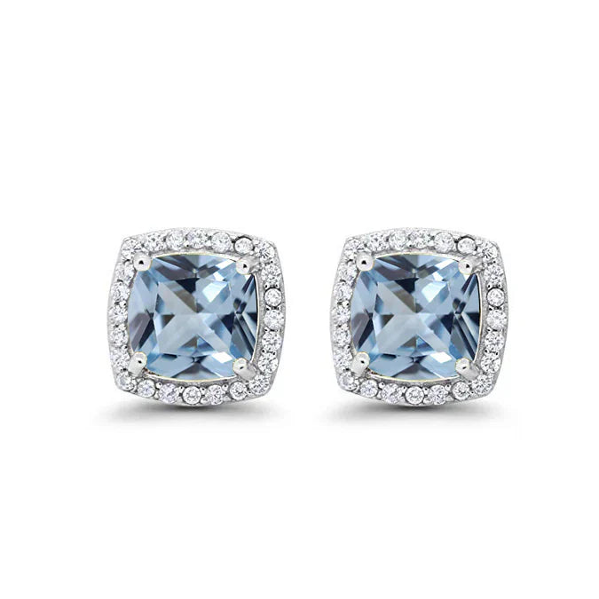 DiamondX 18k White Gold 1 Carat Created Halo Princess Sapphire Birthstone Stud Earrings All Colors Plated
