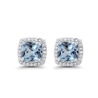 14k White Gold Plated 4 Ct Created Halo Princess Cut Aquamarine Stud Earrings
