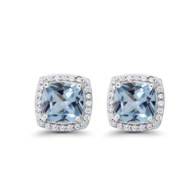 10k White Gold Plated 3 Ct Created Halo Princess Cut Aquamarine Stud Earrings