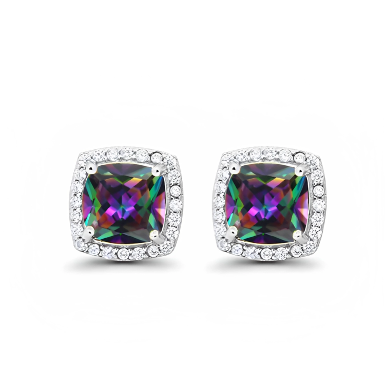 24k White Gold Plated 1 Ct Created Halo Princess Cut Mystic Topaz Stud Earrings