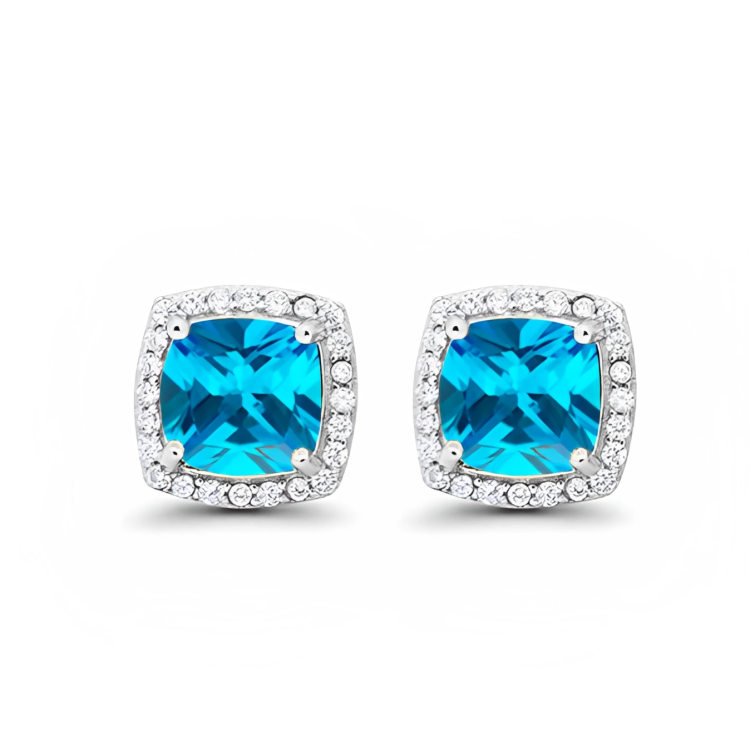 24k White Gold Plated 1/2 Ct Created Halo Princess Cut BlueTopaz Stud Earrings