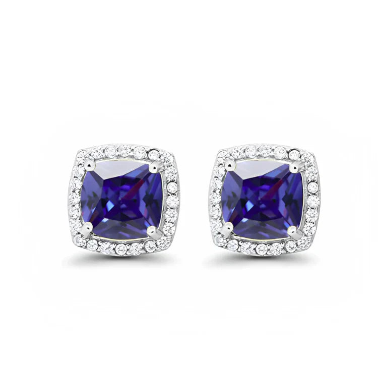 DiamondX 18k White Gold 1 Carat Created Halo Princess Sapphire Birthstone Stud Earrings All Colors Plated
