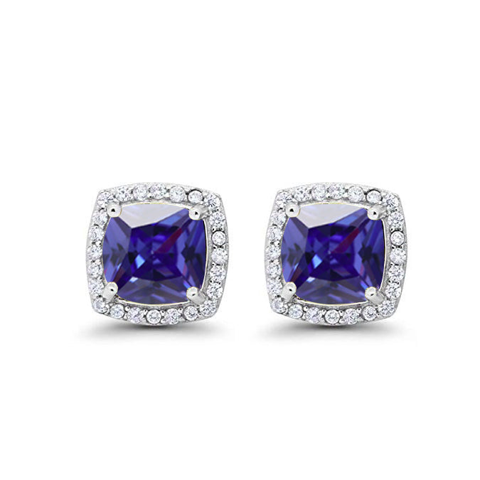 18k White Gold Plated 2 Ct Created Halo Princess Cut Blue Sapphire CZ Stud Earrings