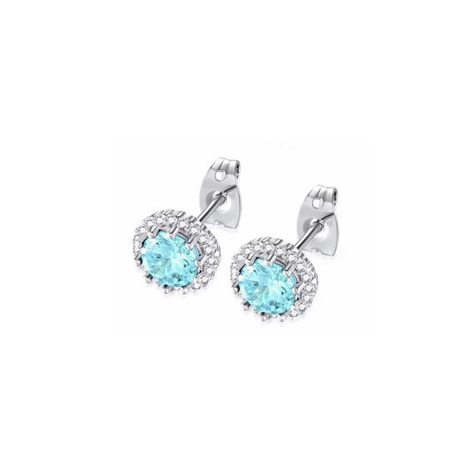 DiamondX 18k White Gold 1 Carat Created Halo Round Sapphire Birthstone Stud Earrings All Colors Plated