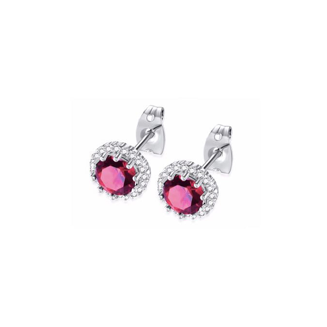 14k White Gold Plated 1/2 Ct Created Halo Round Ruby Stud Earrings
