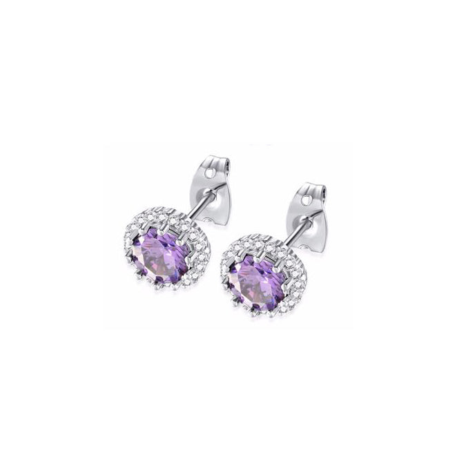 18k White Gold Plated 4 Ct Created Halo Round Amethyst Stud Earrings