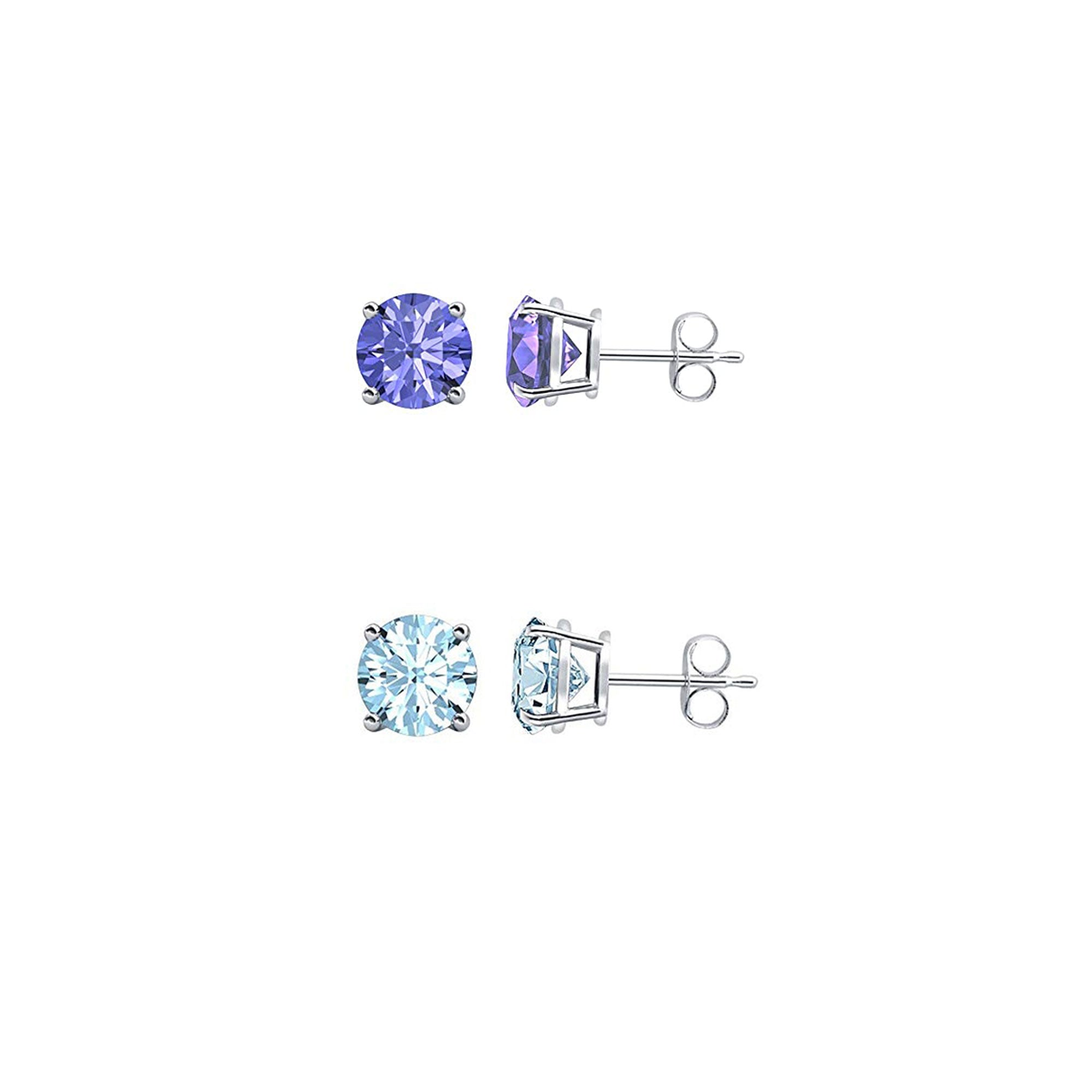 24k White Gold Plated 4Ct Created Tanzanite and Aquamarine 2 Pair Round Stud Earrings