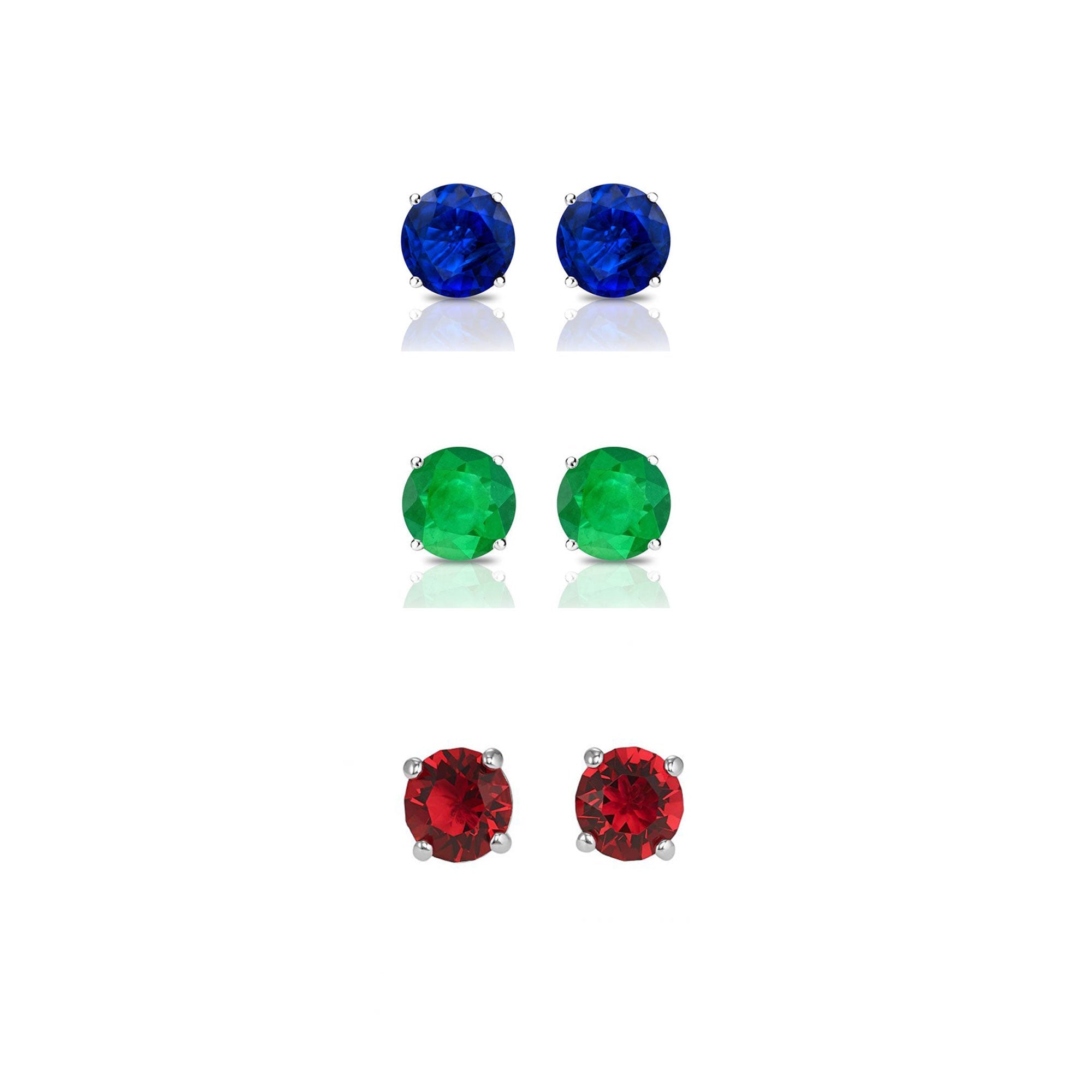 14k White Gold Plated 4Ct Created Blue Sapphire, Emerald and Ruby 3 Pair Round Stud Earrings
