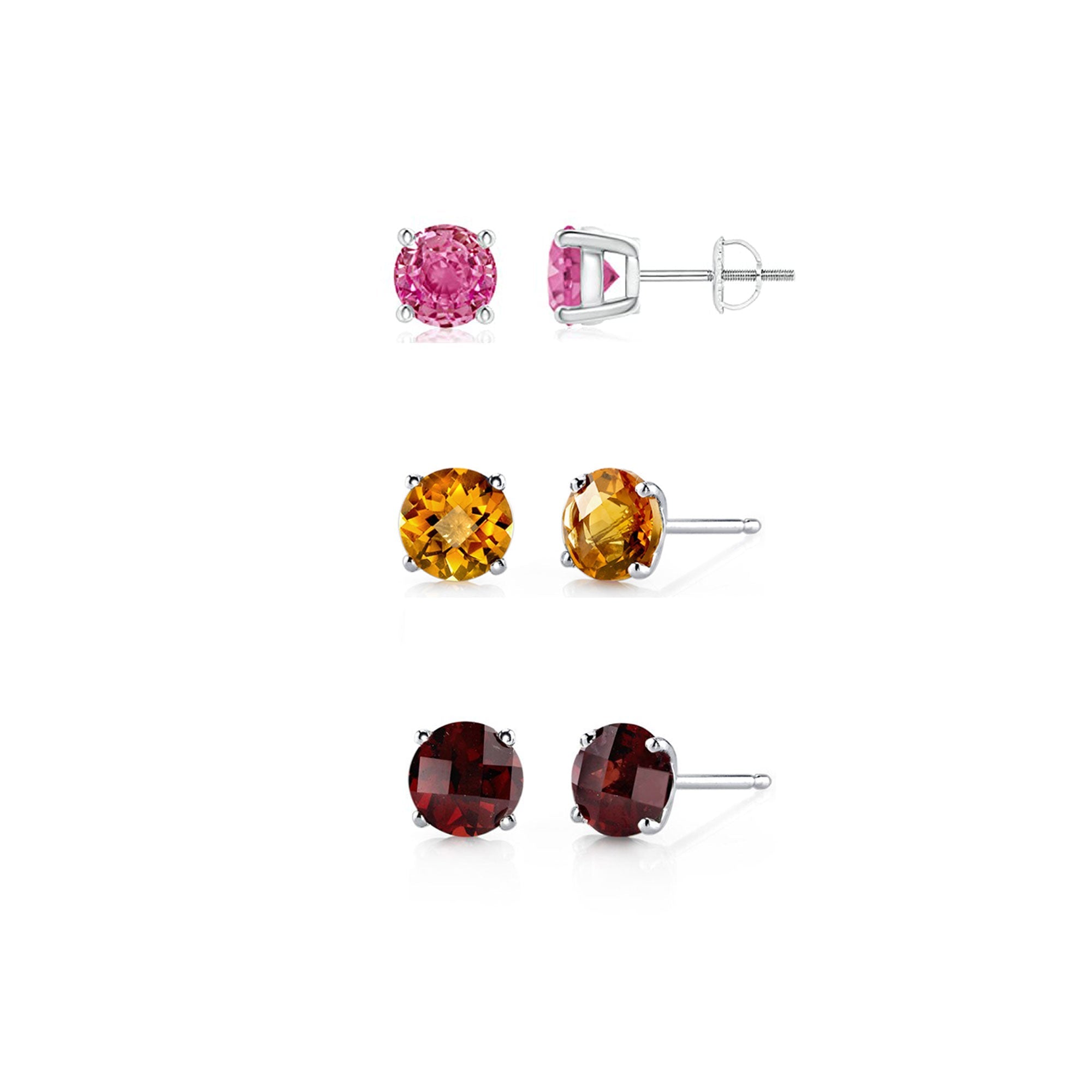 24k White Gold Plated 1/2Ct Created Pink Sapphire, Citrine and Garnet 3 Pair Round Stud Earrings