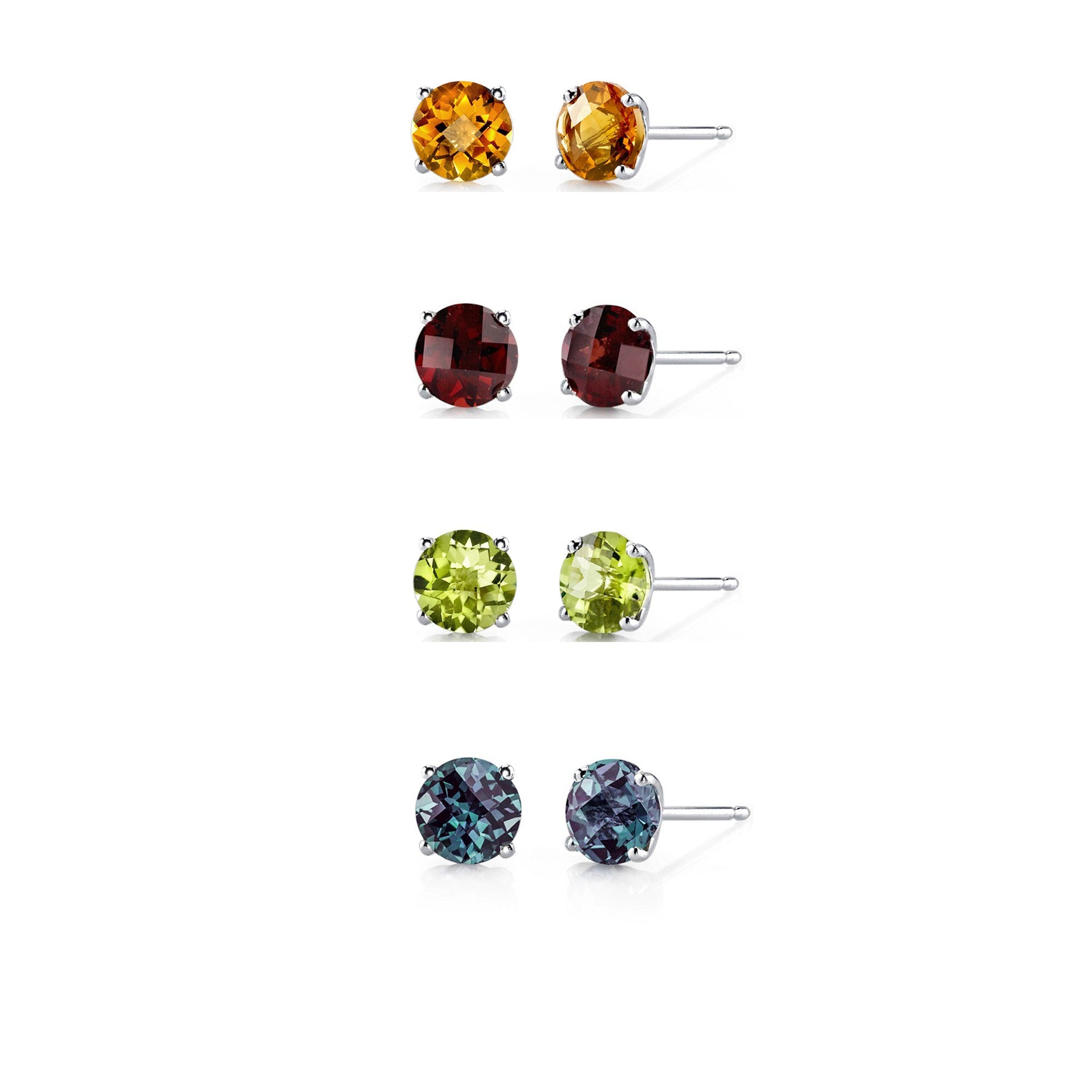 24k White Gold Plated 2Ct Created Citrine, Garnet, Peridot and Alexandrite 4 Pair Round Stud Earrings