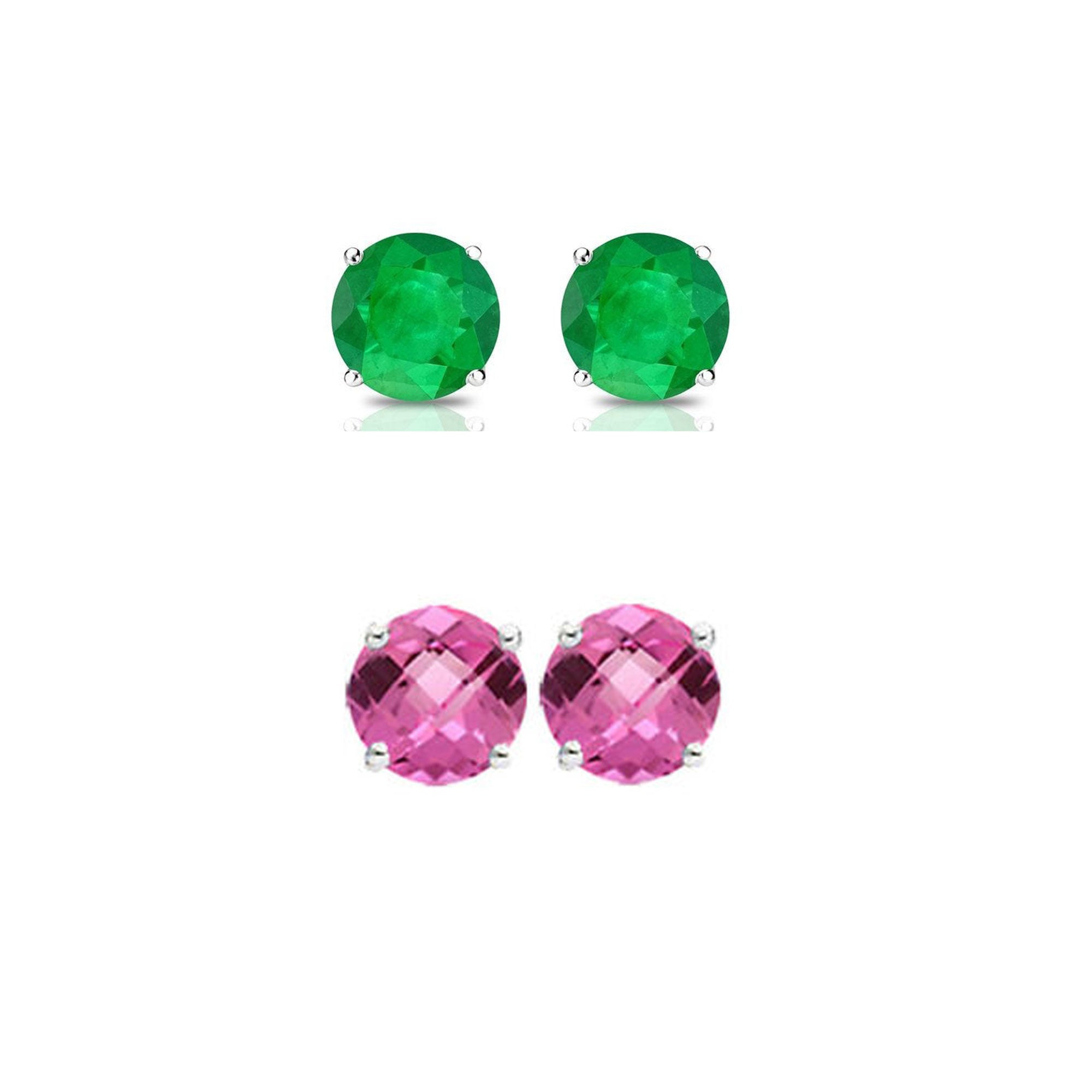 18k White Gold Plated 1/2Ct Created Emerald and Pink sapphire 2 Pair Round Stud Earrings