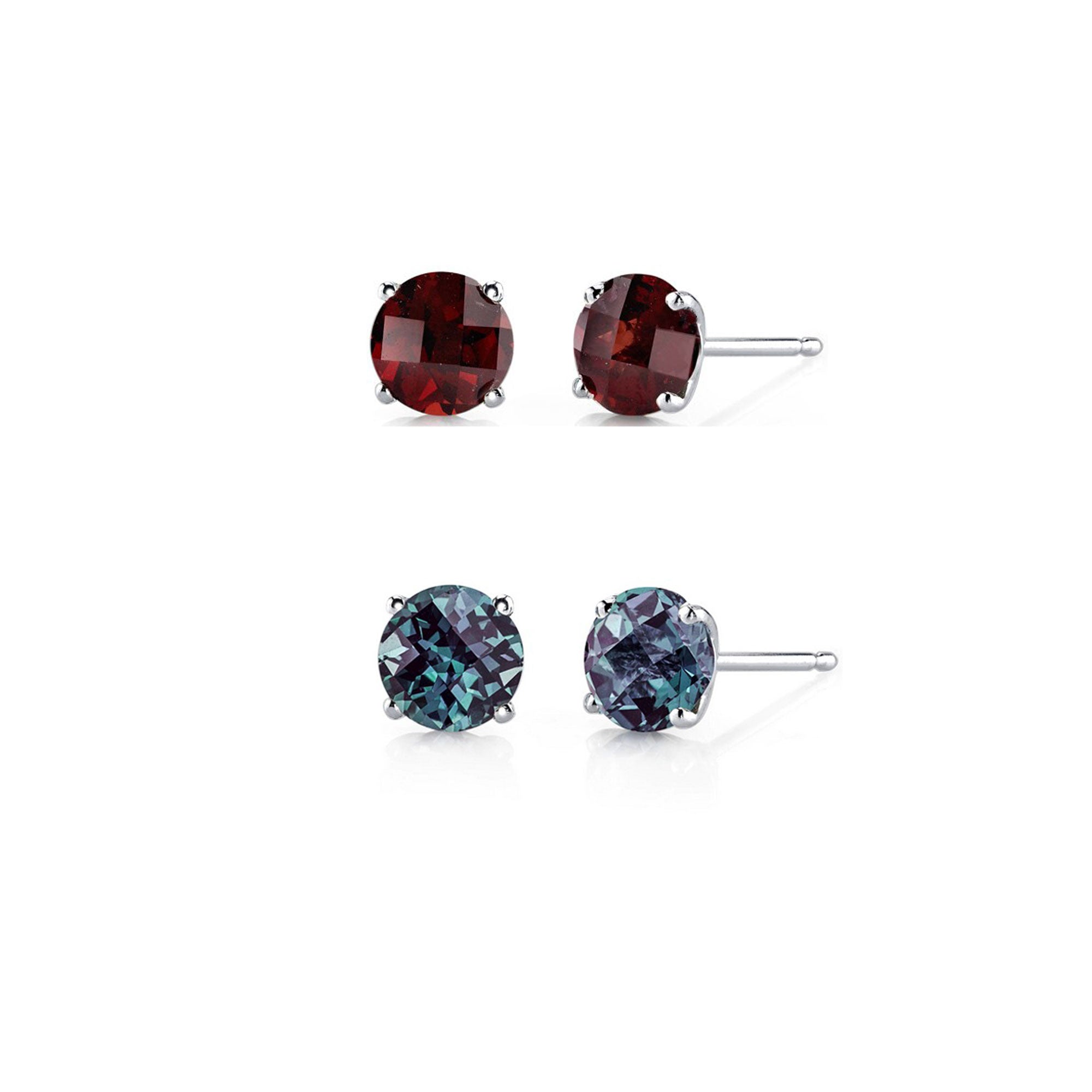 24k White Gold Plated 3Ct Created Garnet and Alexandrite 2 Pair Round Stud Earrings