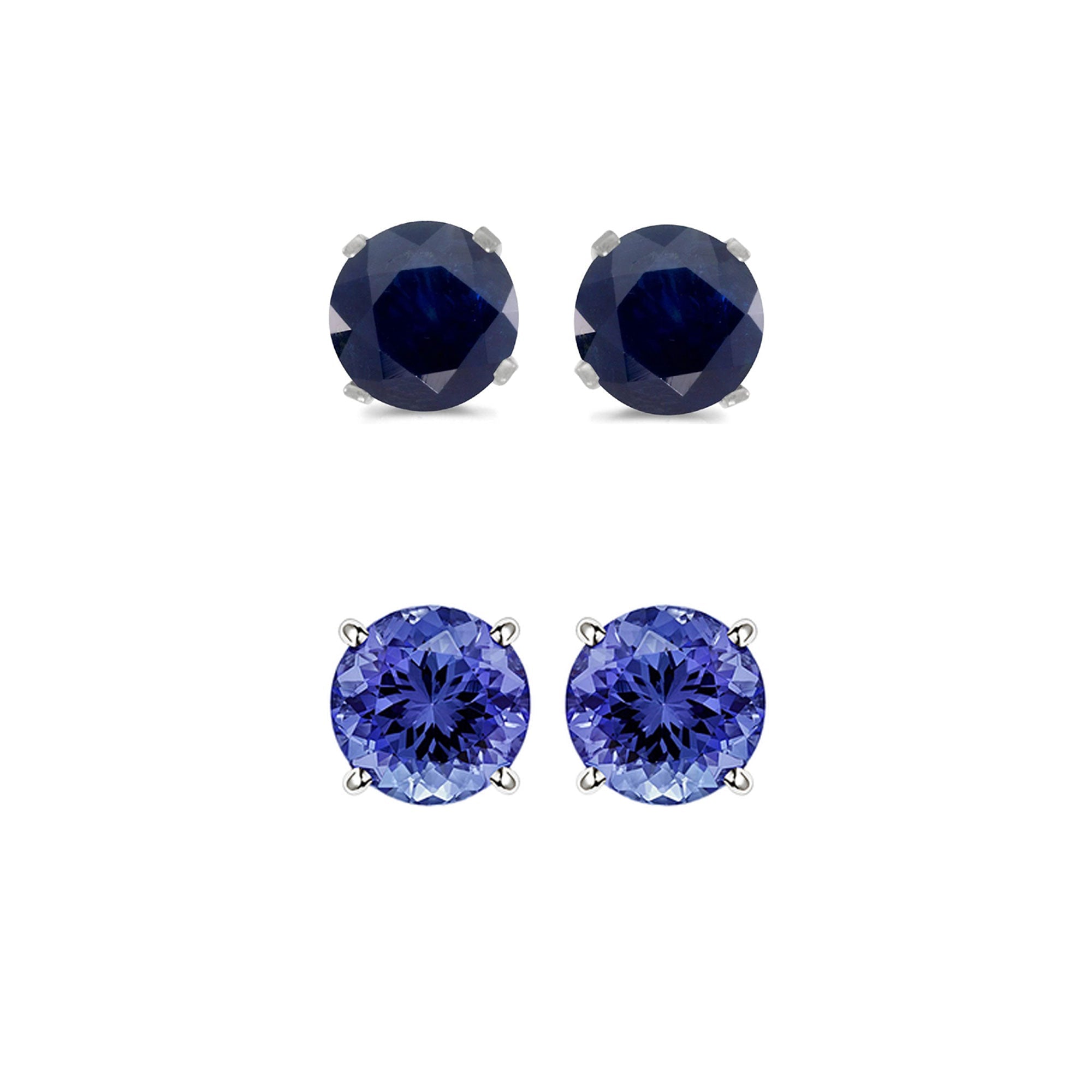 18k White Gold Plated 1/2Ct Created Black Sapphire and Tanzanite 2 Pair Round Stud Earrings