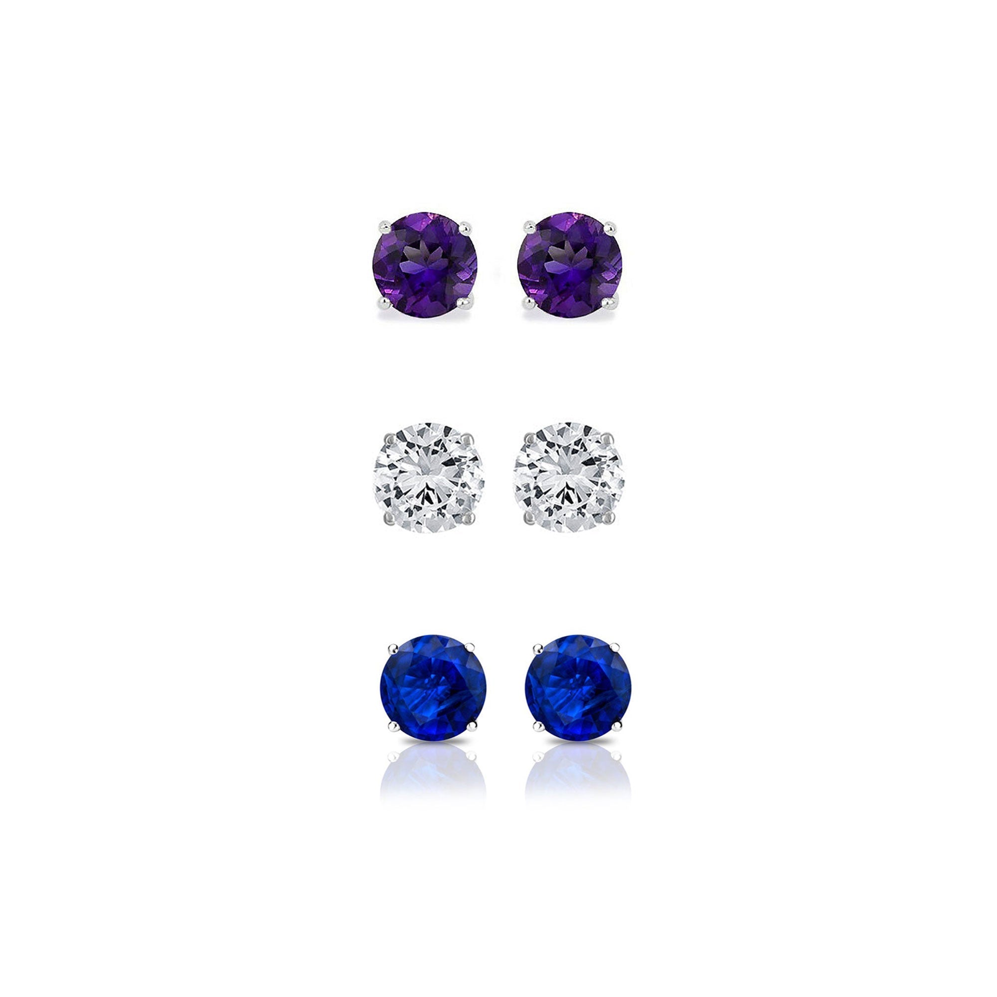 14k White Gold Plated 3Ct Created Amethyst, White Sapphire and Blue Sapphire 3 Pair Round Stud Earrings