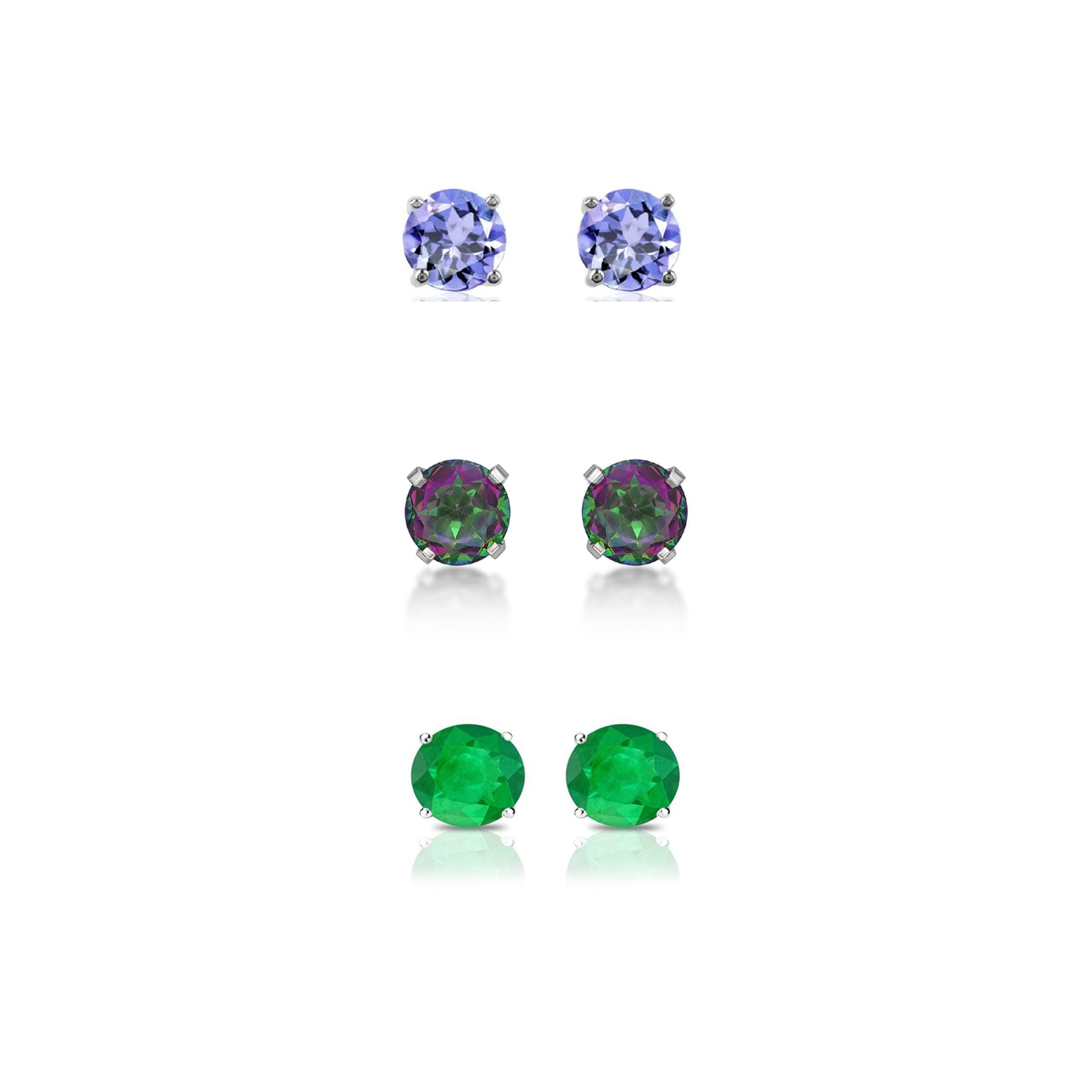 24k White Gold Plated 4Ct Created Tanzanite, Mystic Topaz and Emerald 3 Pair Round Stud Earrings