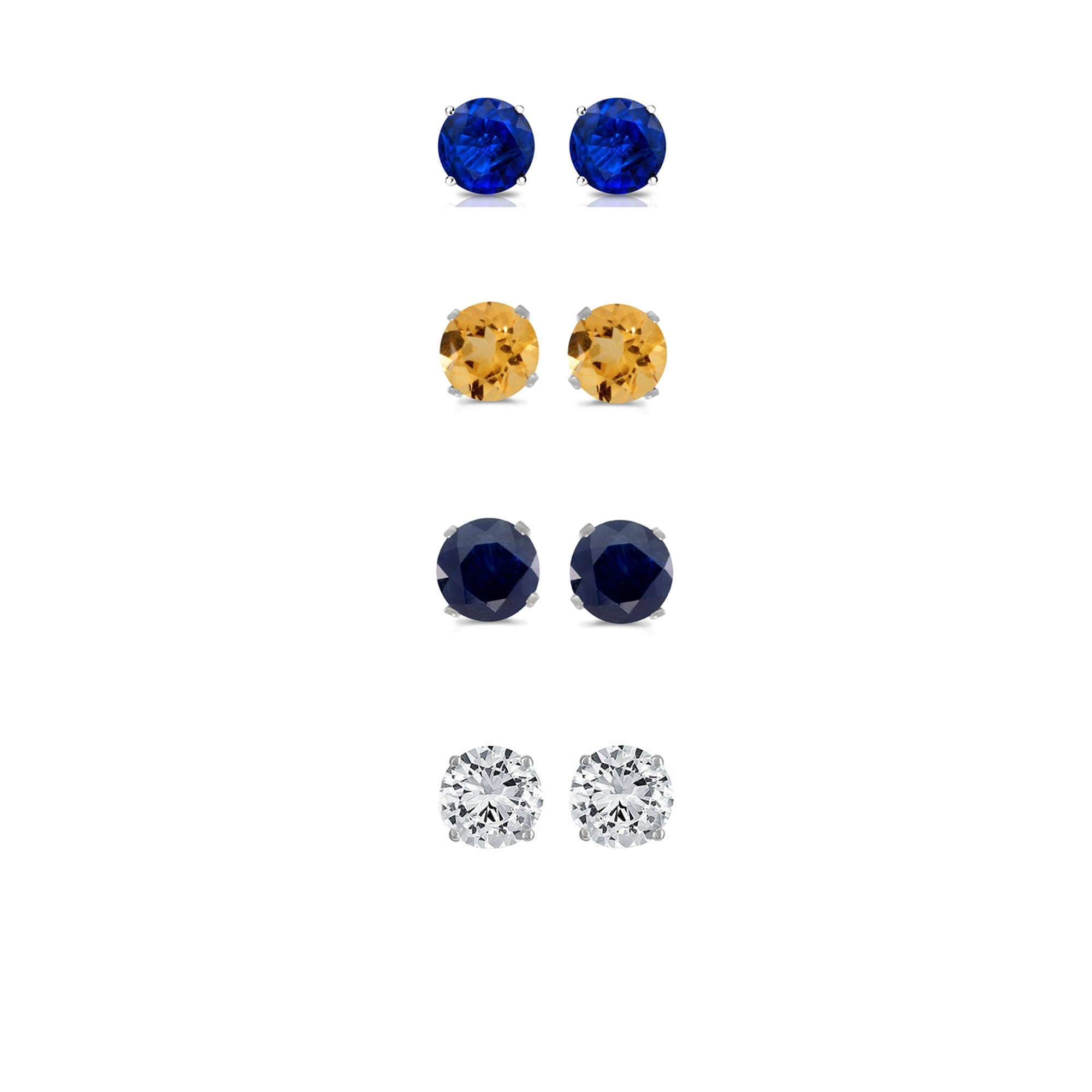 18k White Gold Plated 4Ct Created Blue Sapphire, Citrine, Black Sapphire and White Sapphire 4 Pair Round Stud Earrings