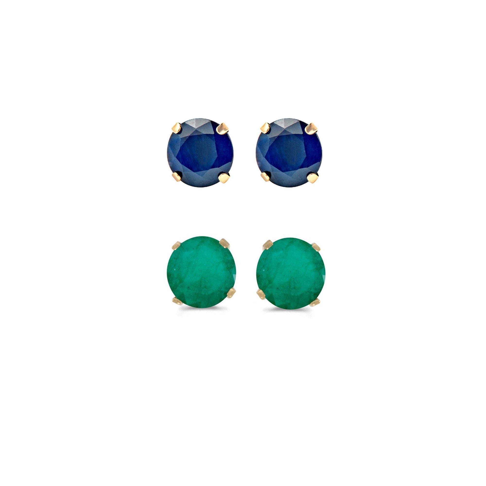 24k Yellow Gold Plated 3Ct Created Blue Sapphire and Emerald 2 Pair Round Stud Earrings