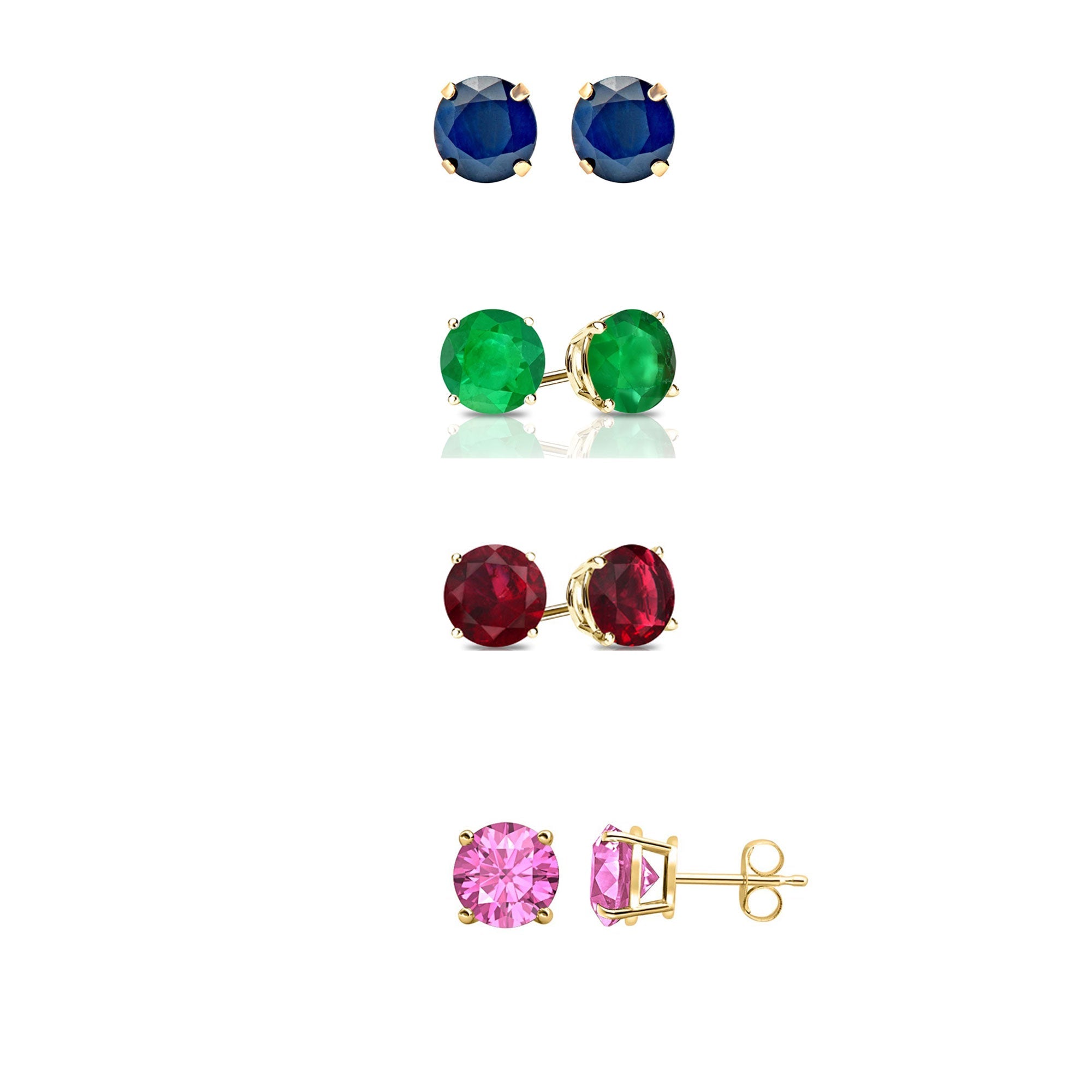 24k Yellow Gold Plated 4Ct Created Blue Sapphire, Emerald, Ruby and Pink Sapphire 4 Pair Round Stud Earring