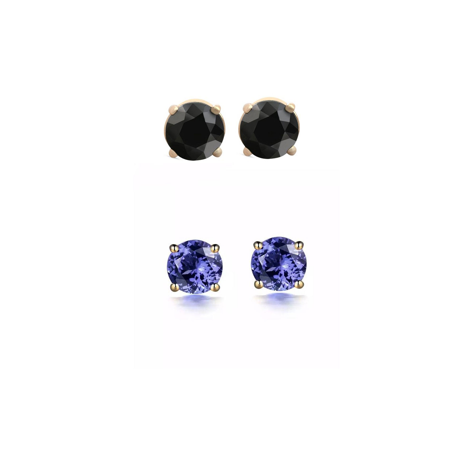14k Yellow Gold Plated 4Ct Created Black Sapphire and Tanzanite 2 Pair Round Stud Earrings