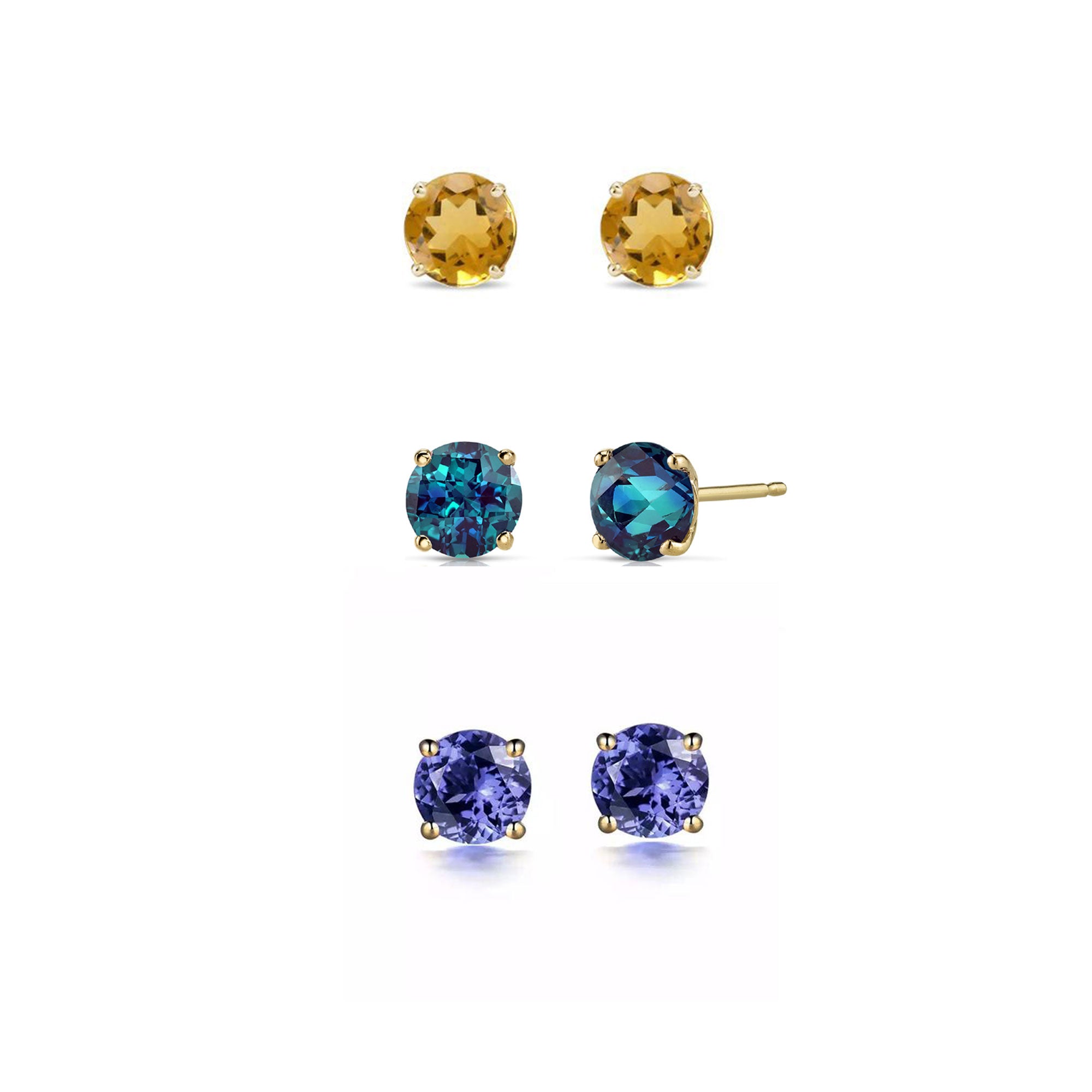 24k Yellow Gold Plated 4Ct Created Citrine, Alexandrite and Tanzanite 3 Pair Round Stud Earrings