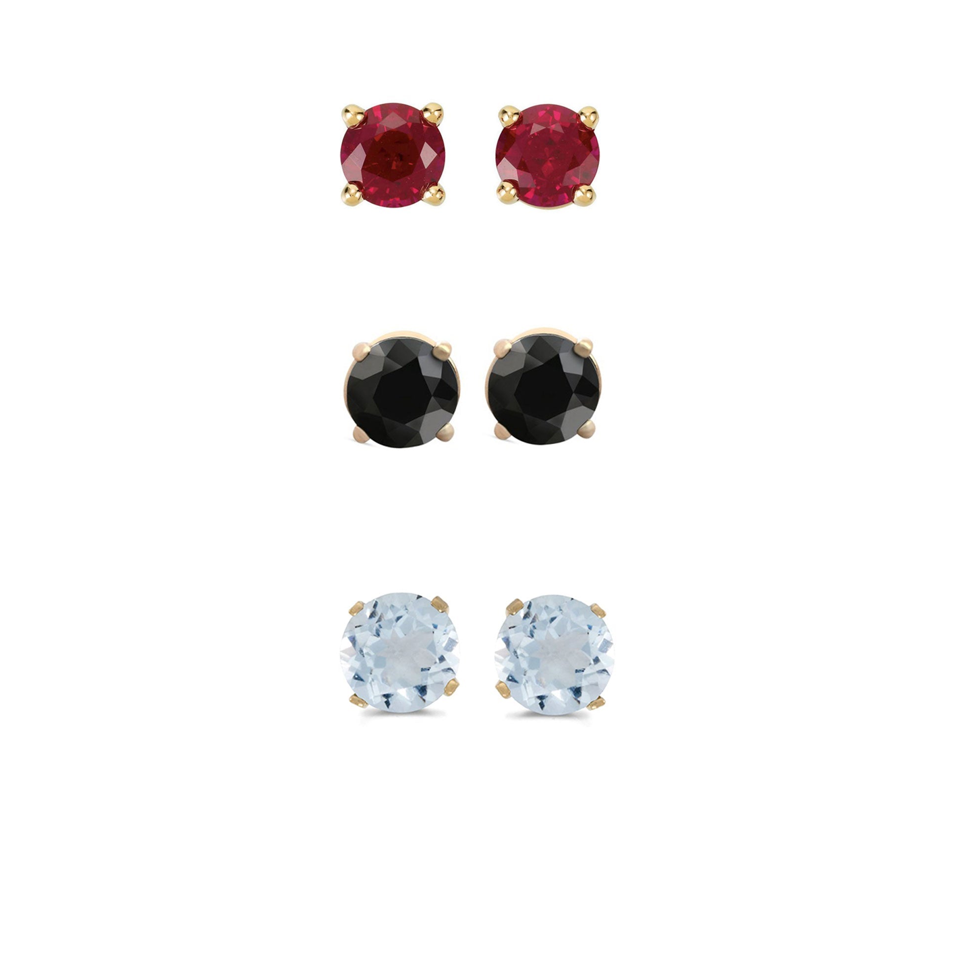 14k Yellow Gold Plated 4Ct Created Garnet, Black Sapphire and Aquamarine 3 Pair Round Stud Earrings
