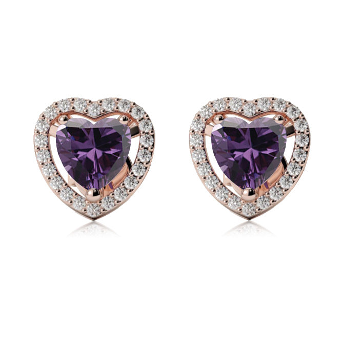 24k Rose Gold Plated 2 Ct Created Halo Heart Amethyst Stud Earrings